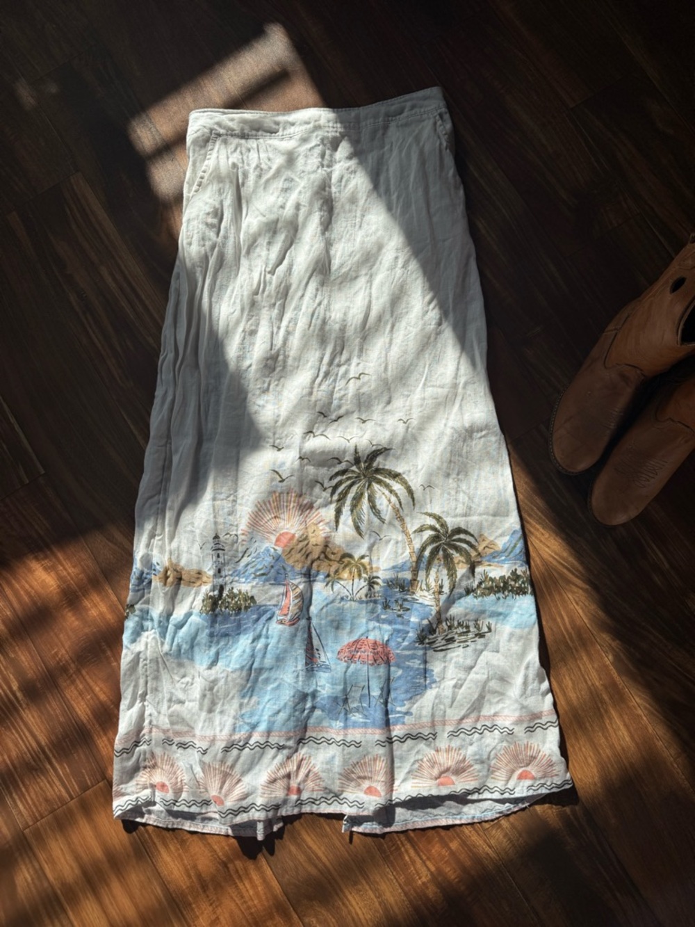 Cynthia Rowley Women’s White 100% Linen Maxi Skirt with Tropical Print